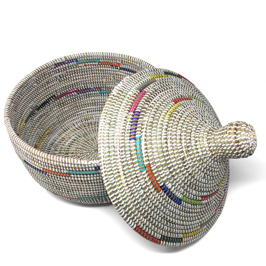 African Fair Trade Handwoven Warming Basket, White with Rainbow Spiral