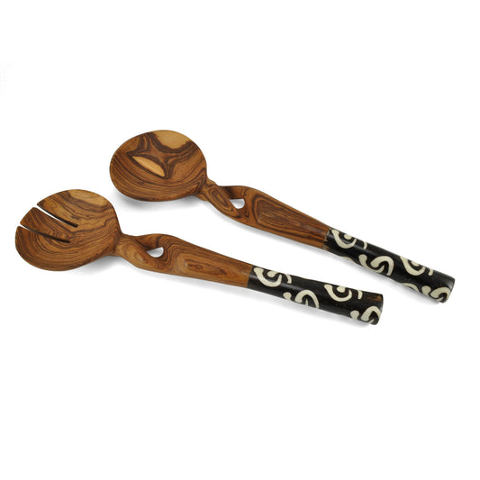 Twisted Olive Wood Salad Serving Set with Bone Handles - The Barrington Garage