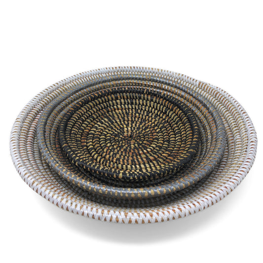 African Fair Trade Shallow Round Nesting Baskets, Set of 3, White/Gray/Black