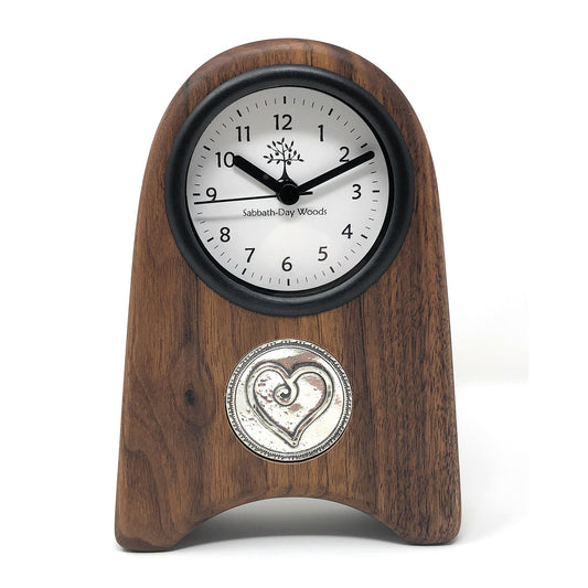 Shaker Style Walnut Wood Desk Clock with Pewter Heart Medallion - The Barrington Garage