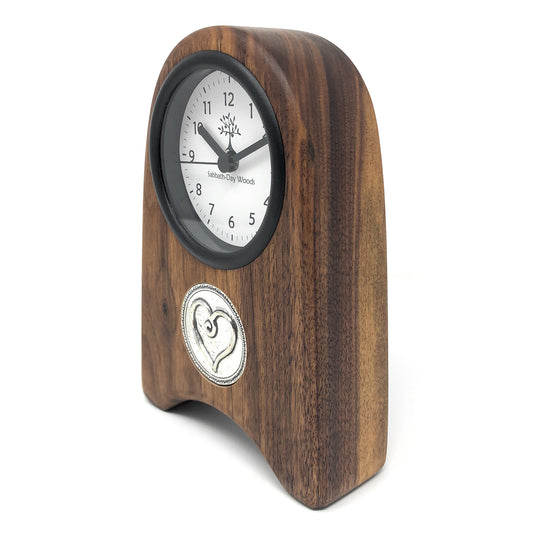 Shaker Style Walnut Wood Desk Clock with Pewter Heart Medallion