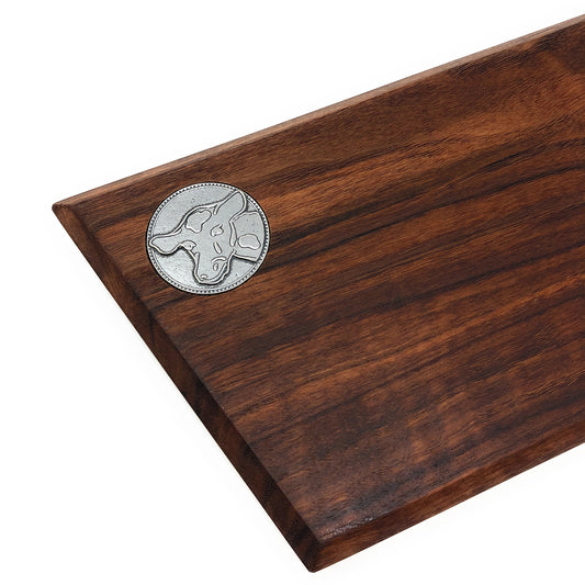 Handcrafted 16-inch Walnut Wood Baguette Cutting Board with Pewter Cow Medallion