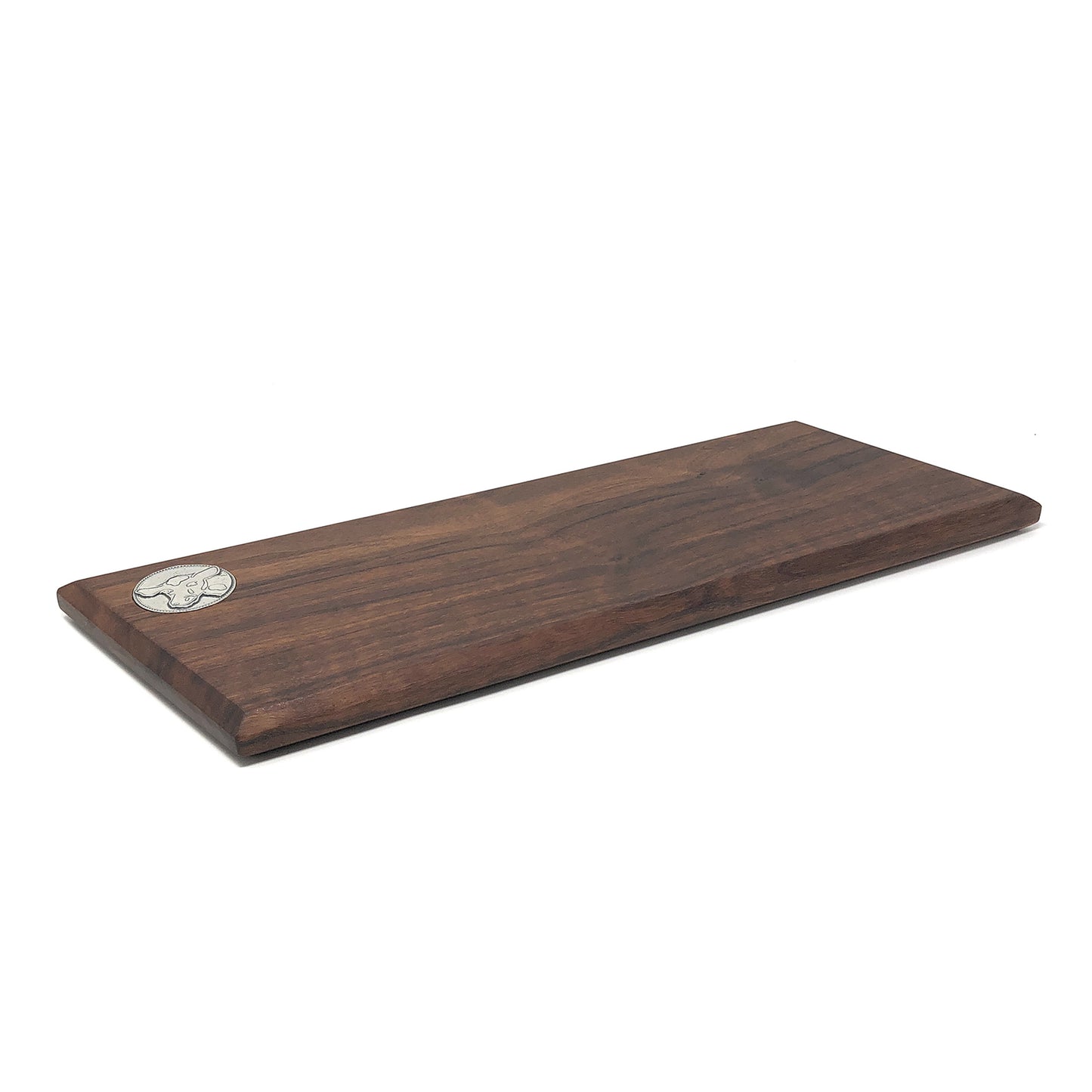 Handcrafted 16-inch Walnut Wood Baguette Cutting Board with Pewter Cow Medallion