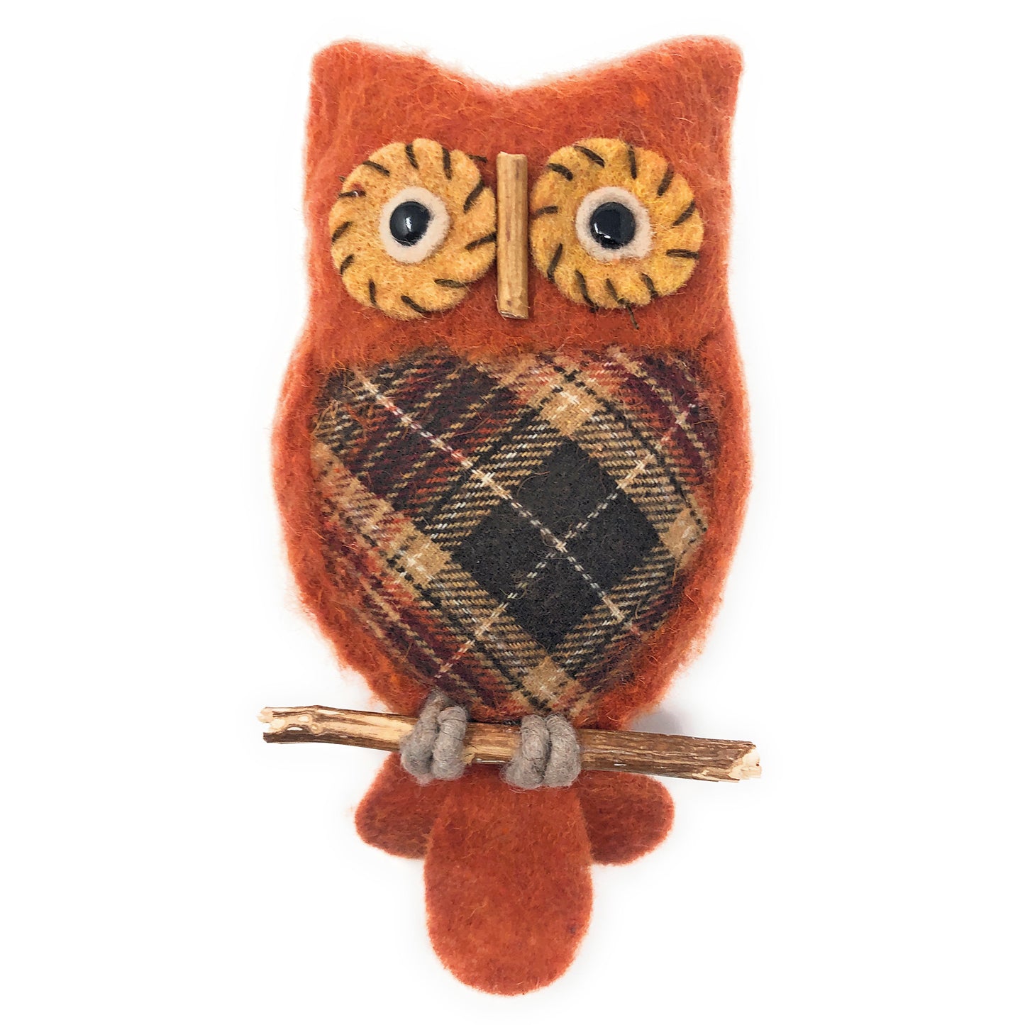Sage & Co. 10.5-inch Plaid Owl on Perch Ornament, Orange/Multi