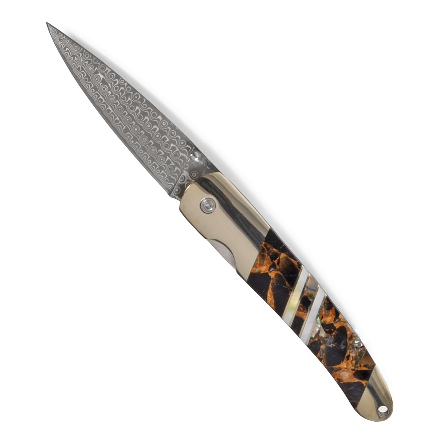 Santa Fe Stoneworks Gemstone Exotics 4-inch Damascus Steel Pocket Knife with Clip, Obsidian/Abalone/Bronze