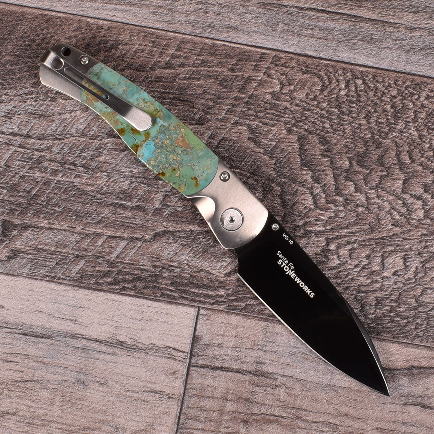 Santa Fe Stoneworks El Rey Custom Button-Lock Pocketknife with DLC VG-10 Steel Blade, Kingman Turquoise