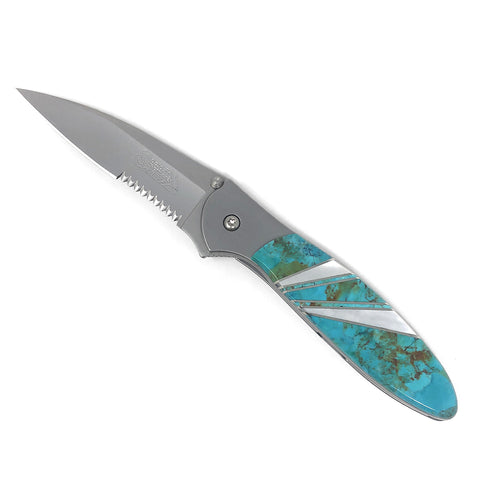 Santa Fe Stoneworks Kershaw Leek Ken Onion 3-inch Pocket Knife with Combo Blade, Turquoise/Mother of Pearl