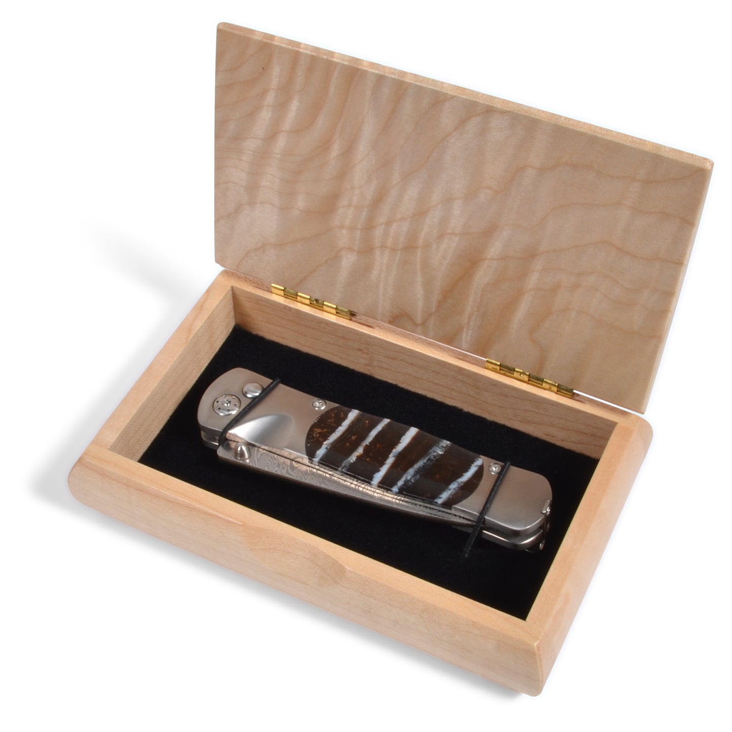 Santa Fe Stoneworks Tesoro 2-3/4-inch Button Lock Pocket Knife with Mammoth Tooth Inlays, Damasteel Blade, and Curly Maple Wooden Gift Box