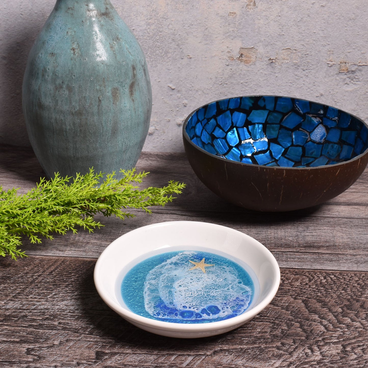 Ocean Wave 4-inch Round Porcelain Trinket Dish, Turquoise Green