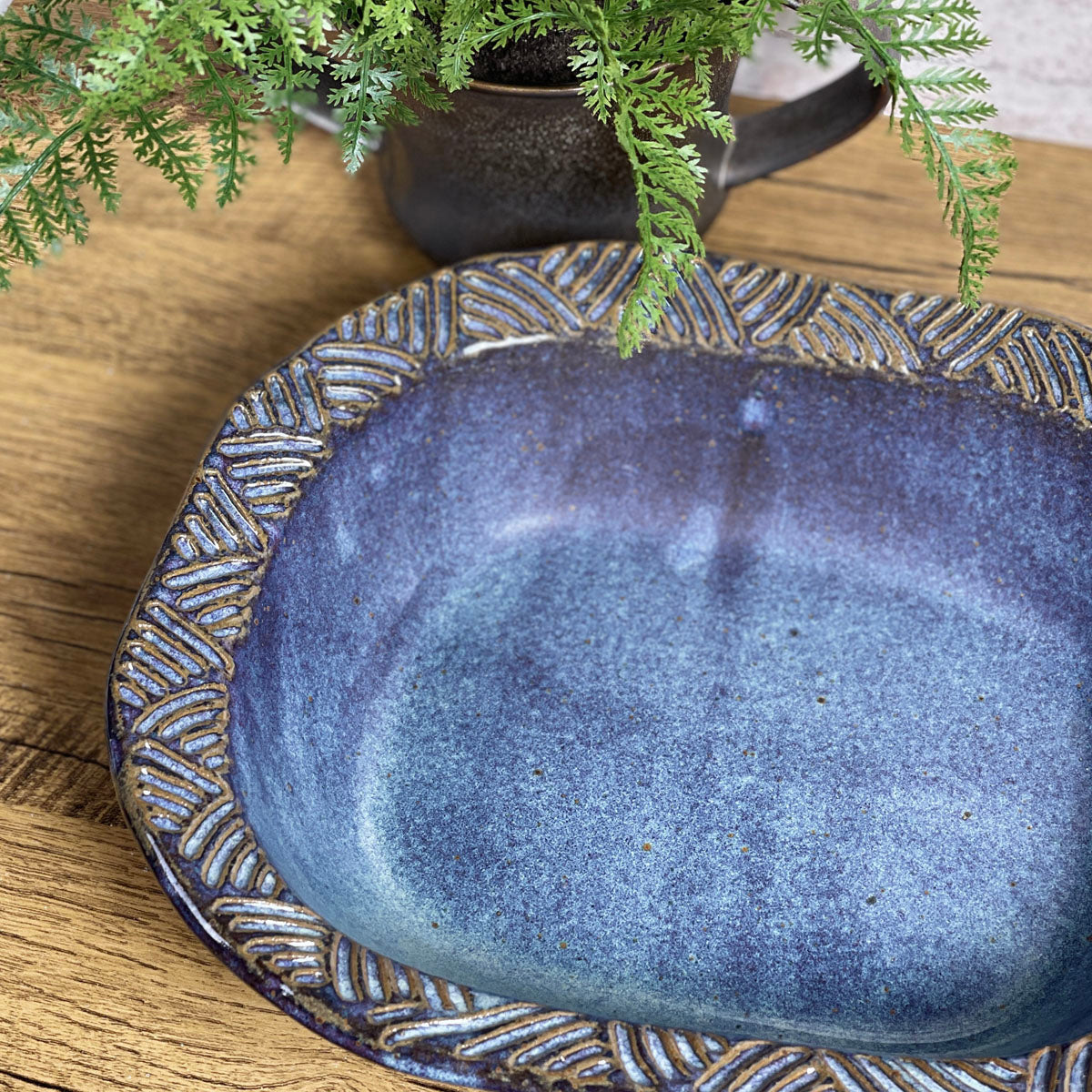 Embossed Rim Oval Serving Bowl, Handmade American Pottery, Blue