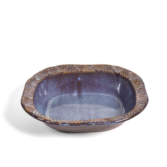 Embossed Rim Oval Serving Bowl, Handmade American Pottery, Blue