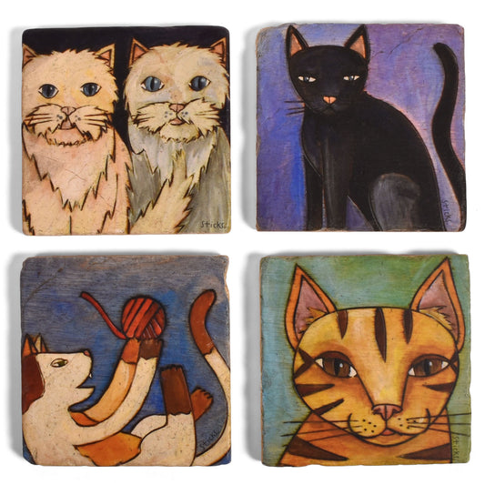 Cats by Sticks Tumbled Marble Coasters, Set of 4