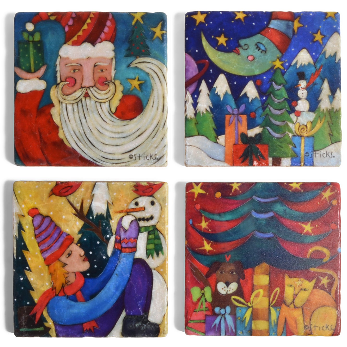 Sticks Christmas Tumbled Marble Coasters, Set of 4