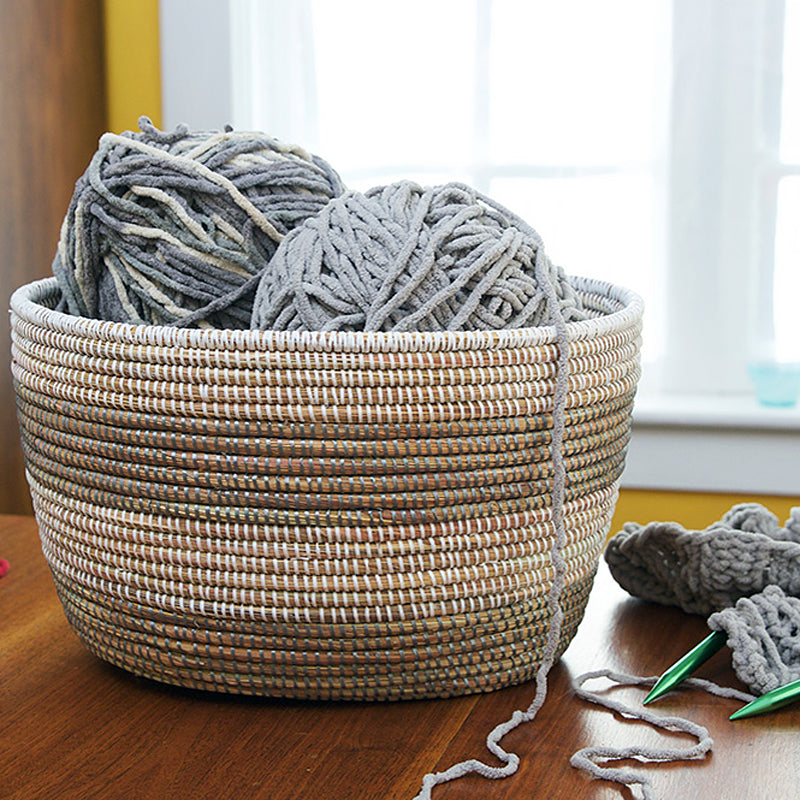 African Fair Trade Handwoven Striped Oval Knitting Basket, Silver/White