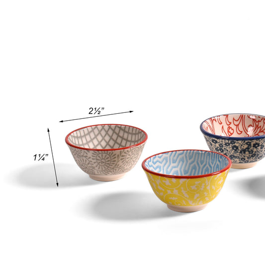 Patterned 2-1/2-inch Ceramic Wasabi/Pinch Bowls, Set of 4, Multicolor