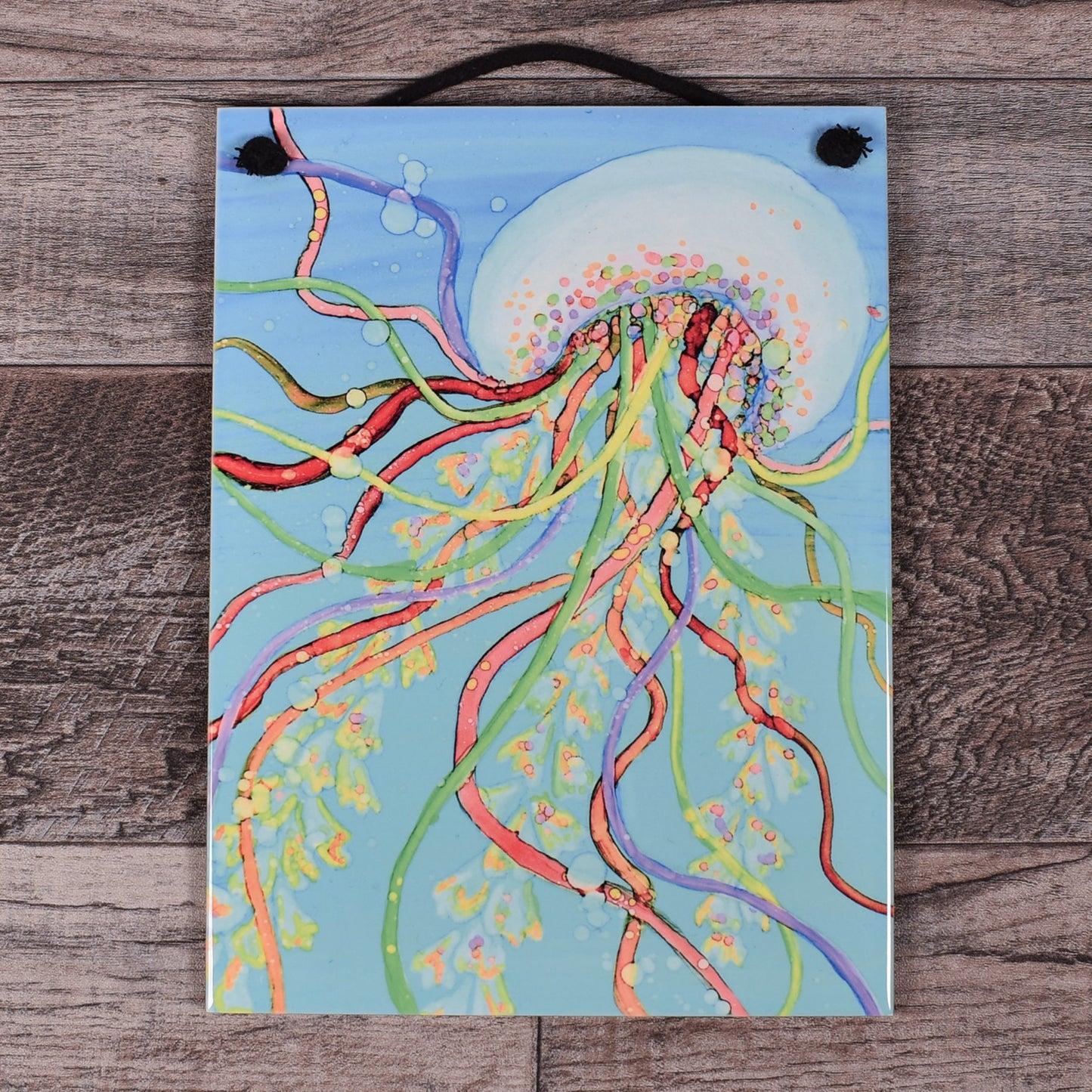 Mungo Key Designs Jellyfish Journey 7-3/4 x 6-inch Ceramic Tile Plaque, Handmade in The USA
