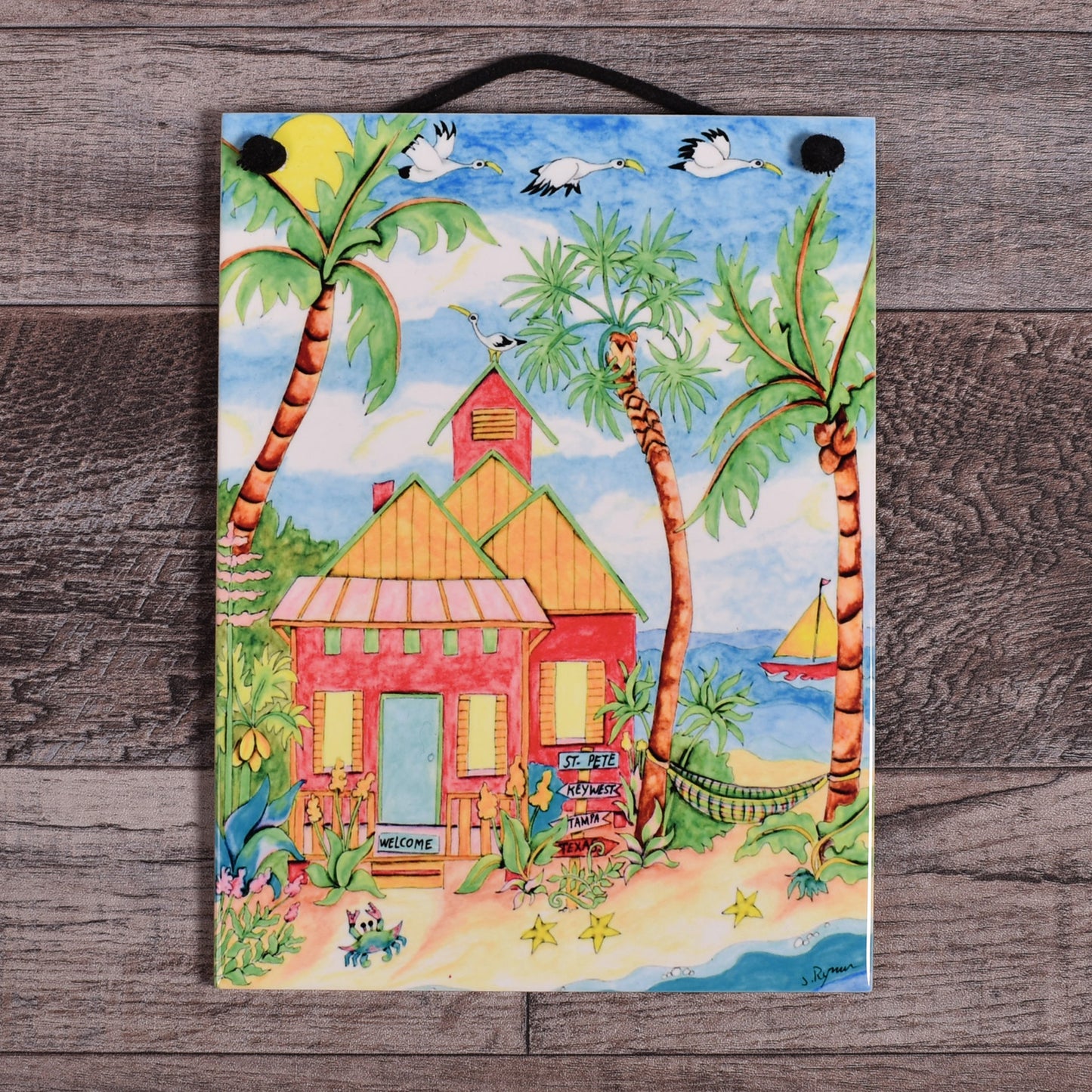 Mungo Key Designs Beach Cottage Welcome 7-3/4 x 6-inch Ceramic Tile Plaque, Handmade in The USA