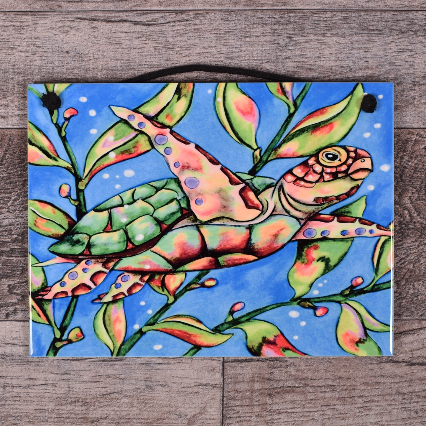 Mungo Key Designs Sea Turtle's Garden 7-3/4 x 6-inch Ceramic Tile Plaque, Handmade in The USA