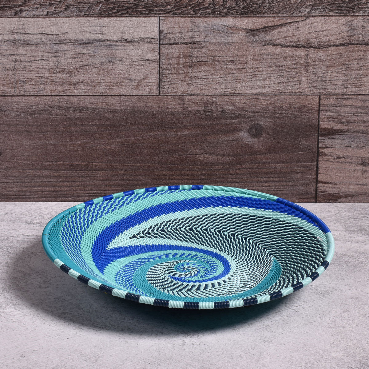 Fair Trade Zulu Telephone Wire 8-inch Platter Basket, Intricate Swirl Pattern, African Ocean (Each One Unique)