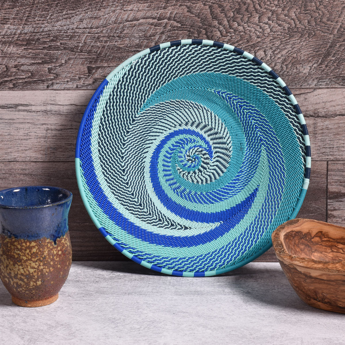 Fair Trade Zulu Telephone Wire 8-inch Platter Basket, Intricate Swirl Pattern, African Ocean (Each One Unique)