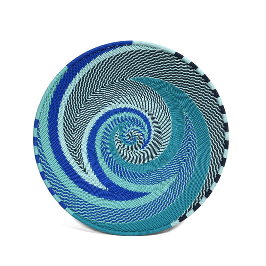 Fair Trade Zulu Telephone Wire 8-inch Platter Basket, Intricate Swirl Pattern, African Ocean (Each One Unique)