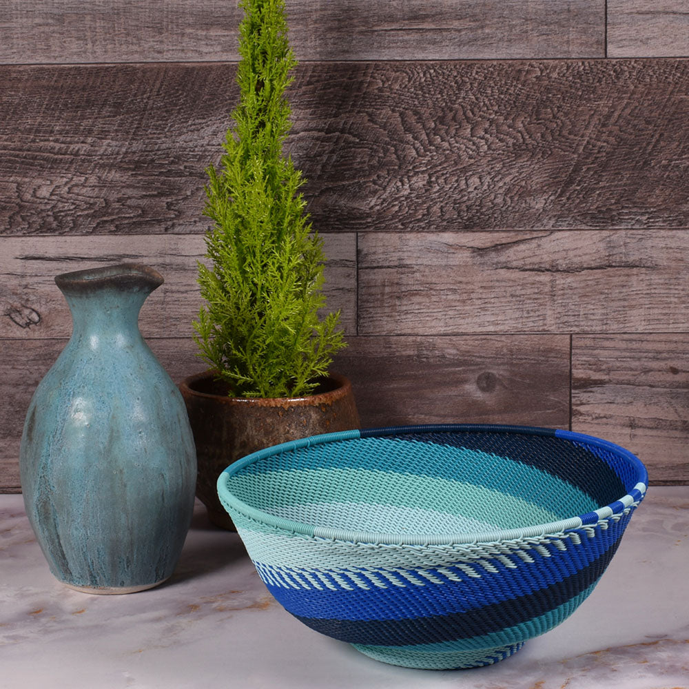 Fair Trade Zulu Telephone Wire 8-inch Round Pedestal Bowl, African Ocean, Simple Swirl Patterns