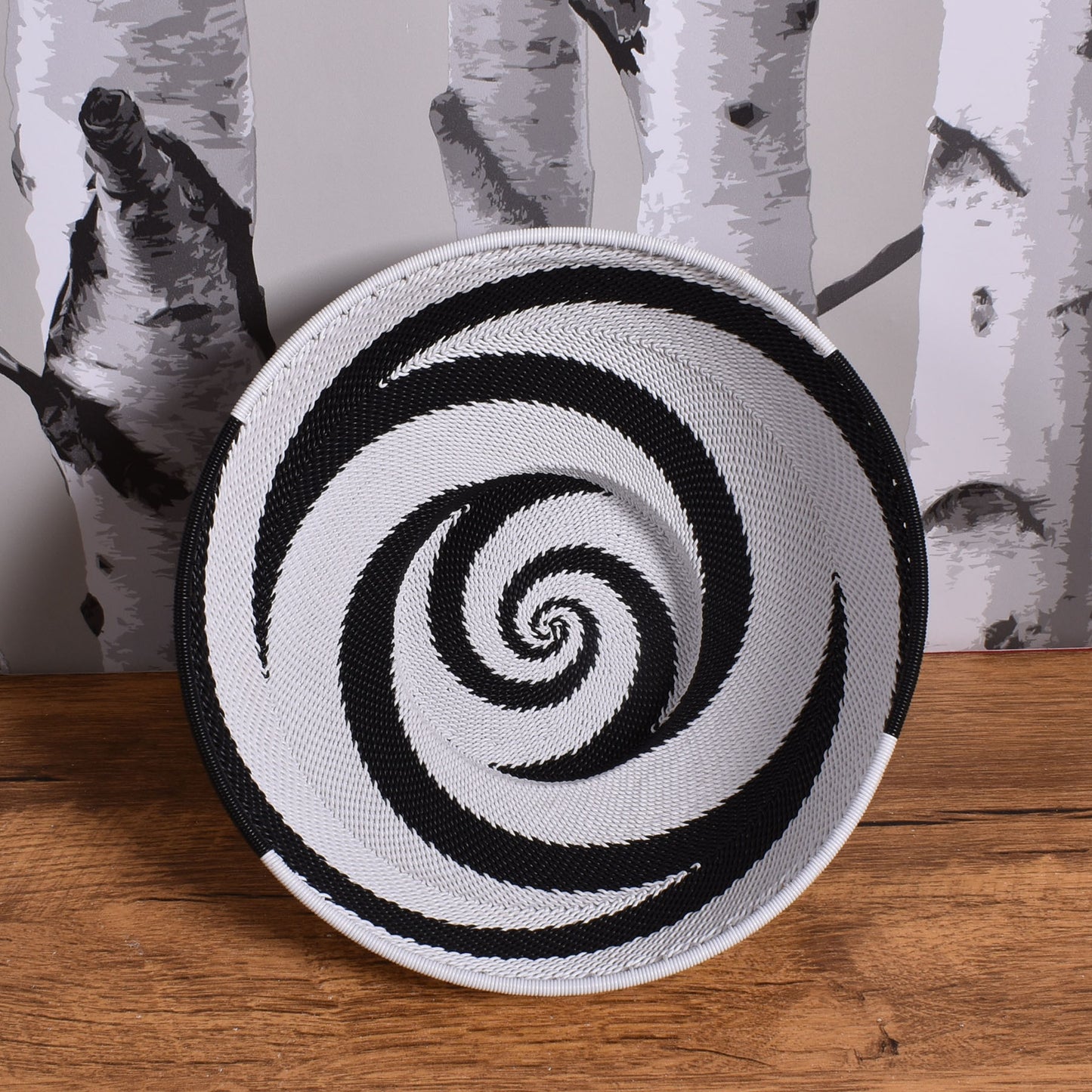 Fair Trade Zulu Telephone Wire 8" Round Pedestal Basket, Zig-Zag Swirl Pattern, African Eclipse (Black/White), Each One Unique
