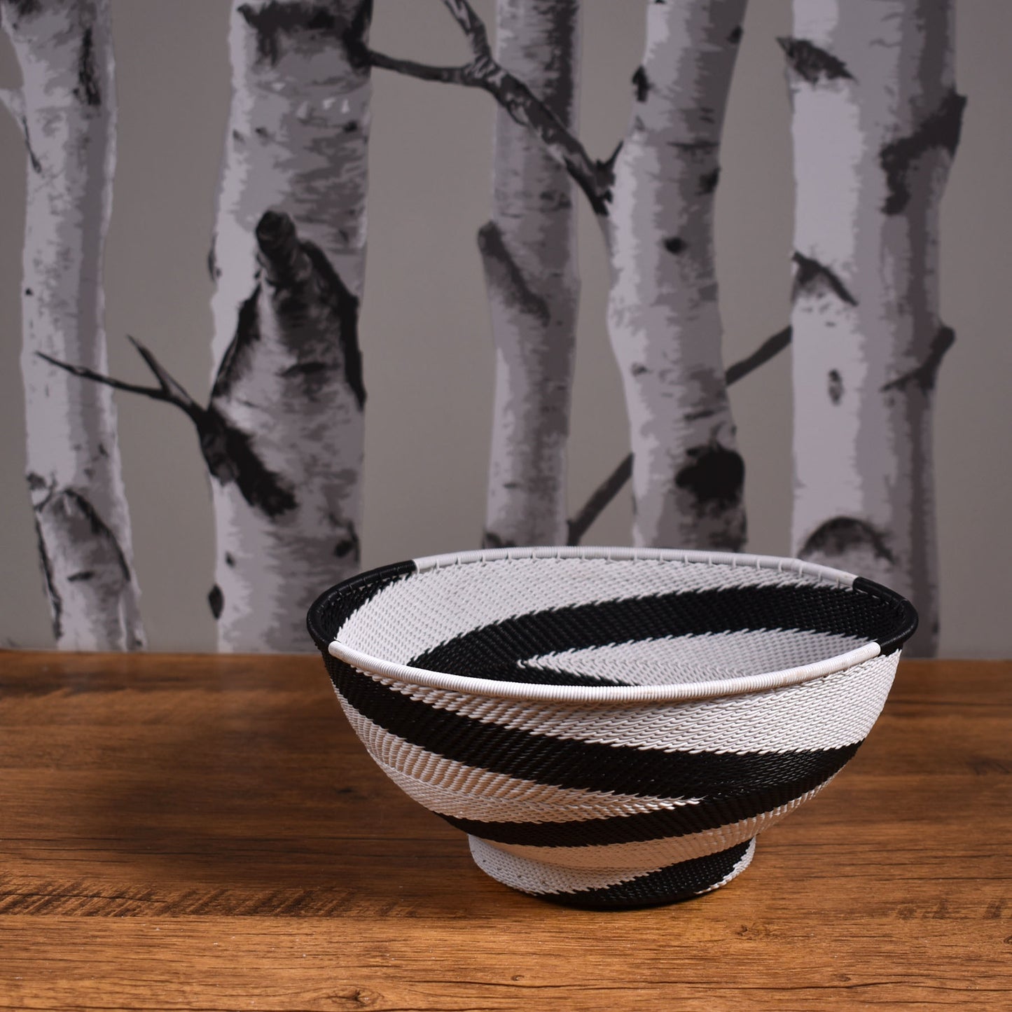 Fair Trade Zulu Telephone Wire 8" Round Pedestal Basket, Zig-Zag Swirl Pattern, African Eclipse (Black/White), Each One Unique