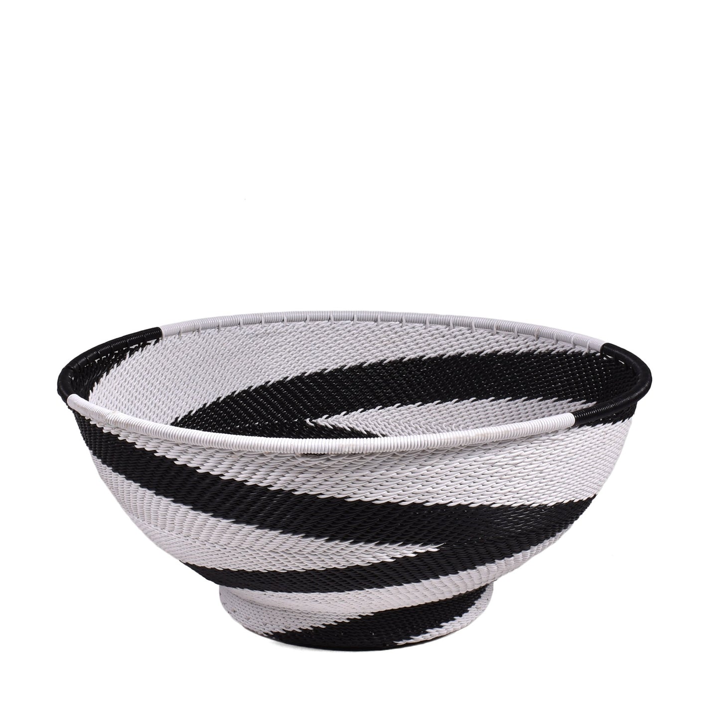 Fair Trade Zulu Telephone Wire 8" Round Pedestal Basket, Zig-Zag Swirl Pattern, African Eclipse (Black/White), Each One Unique