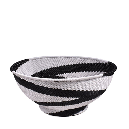 Fair Trade Zulu Telephone Wire 8" Round Pedestal Basket, Zig-Zag Swirl Pattern, African Eclipse (Black/White), Each One Unique