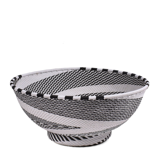 Fair Trade Zulu Telephone Wire 8" Round Pedestal Basket, Intricate Zig-Zag Pattern, African Eclipse (Black/White), Each One Unique