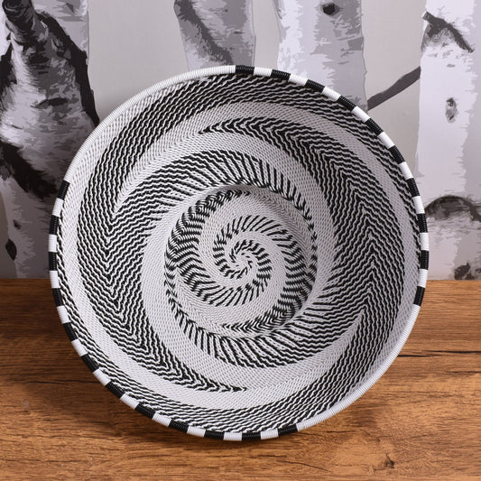 Fair Trade Zulu Telephone Wire 8" Round Pedestal Basket, Intricate Zig-Zag Pattern, African Eclipse (Black/White), Each One Unique