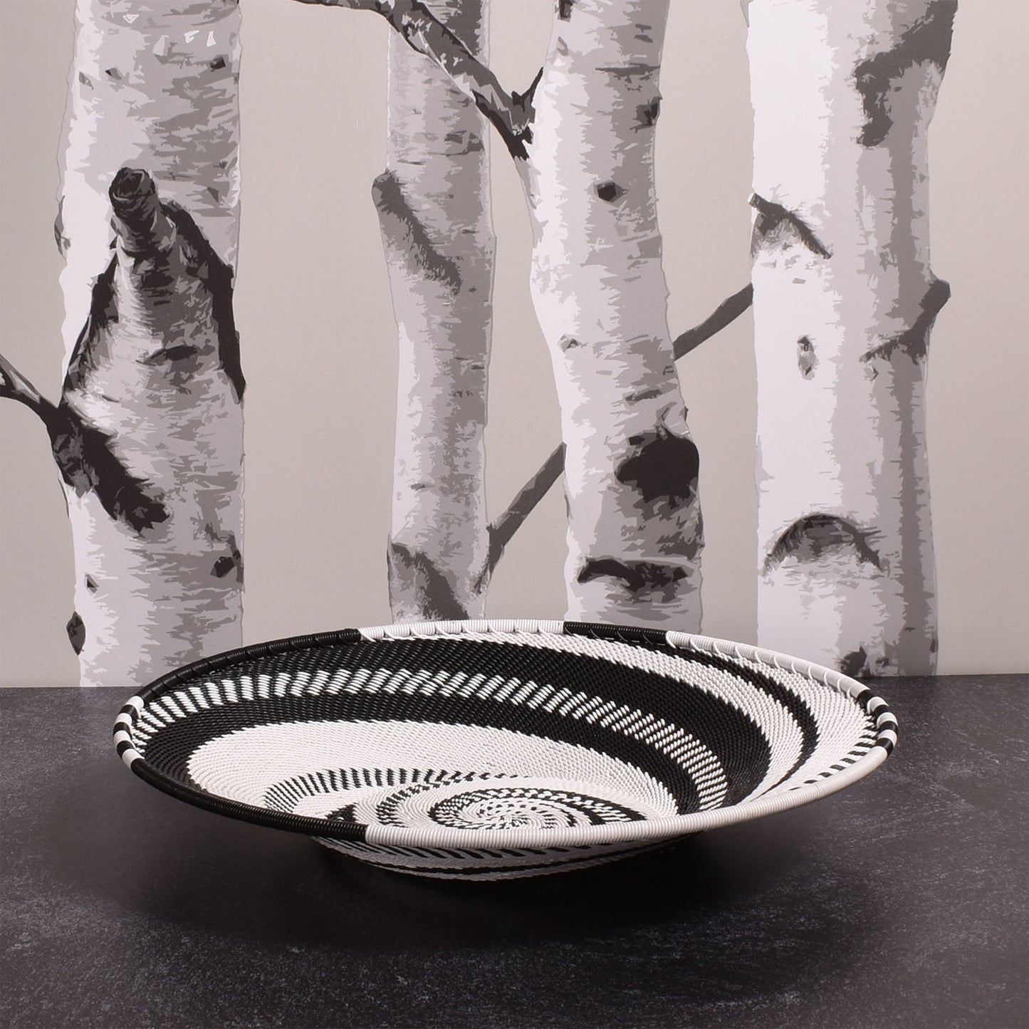 Fair Trade Zulu Telephone Wire 9" Platter Basket, Intricate Swirl Pattern, African Eclipse, Each One Unique
