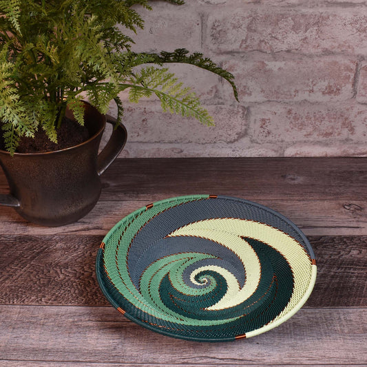 African Fair Trade Zulu Telephone Wire 8" Platter Basket, Emerald, Each One Unique