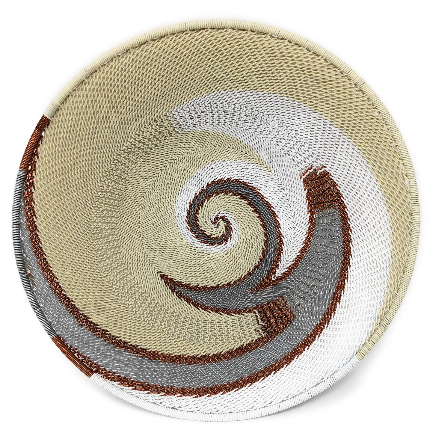African Fair Trade Zulu Telephone Wire 9" Platter Basket, Silver Sea, Each One Unique (SS-24P-A)