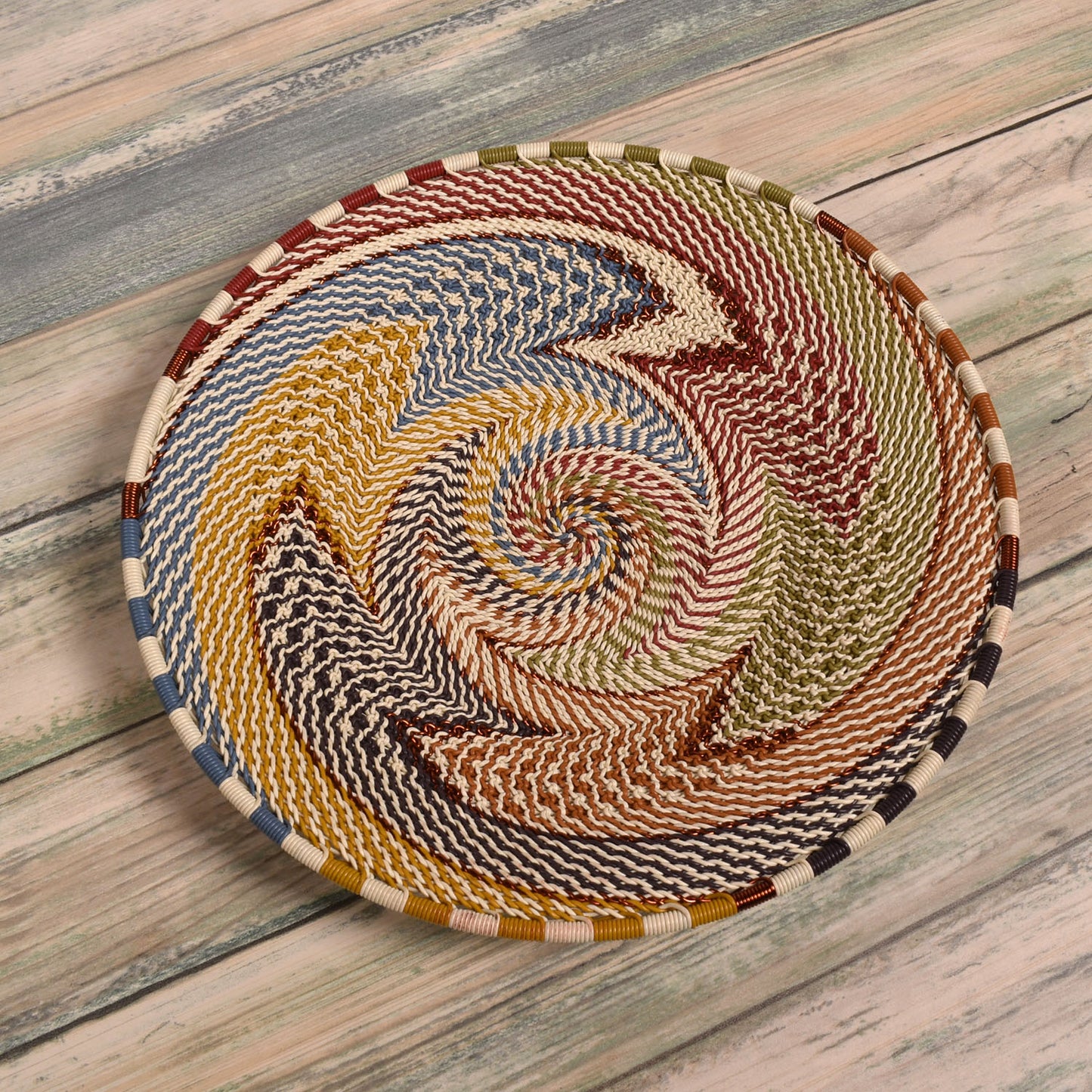 African Fair Trade Zulu Telephone Wire 8-inch Platter Basket, White Desert, Intricate Swirl Pattern (Each One Unique)