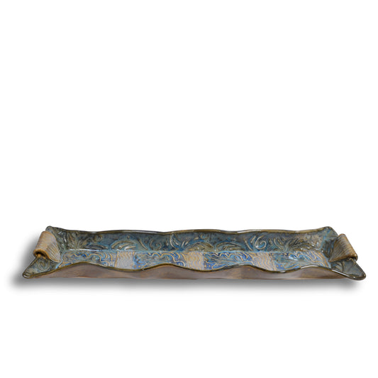 Terry Acker Pottery 14" Cracker Tray with Leaf Motif, Blue/Multi