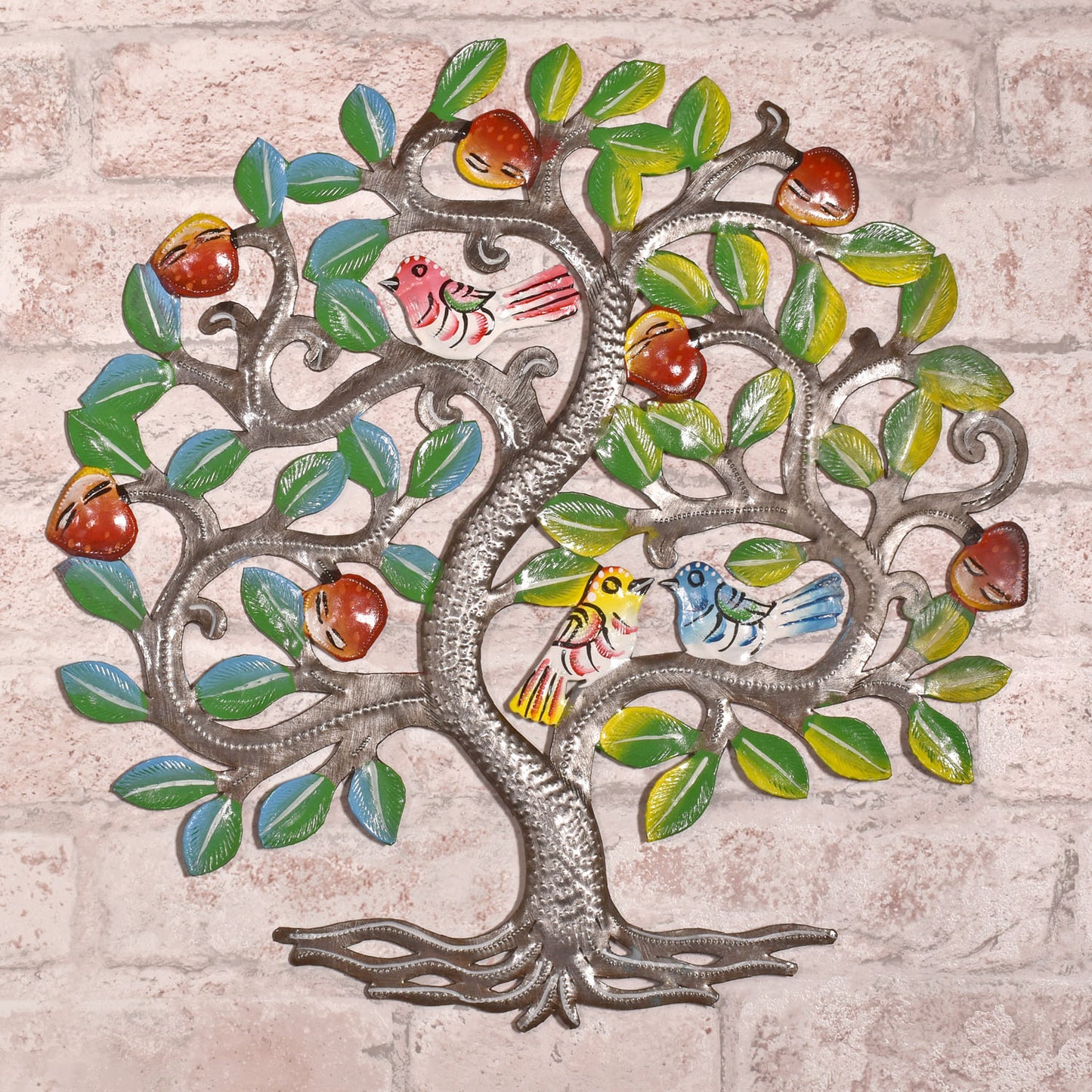 Tree of Life with Colorful Birds and Fruit 14" Steel Drum Wall Art, Fair Trade, Handmade in Haiti