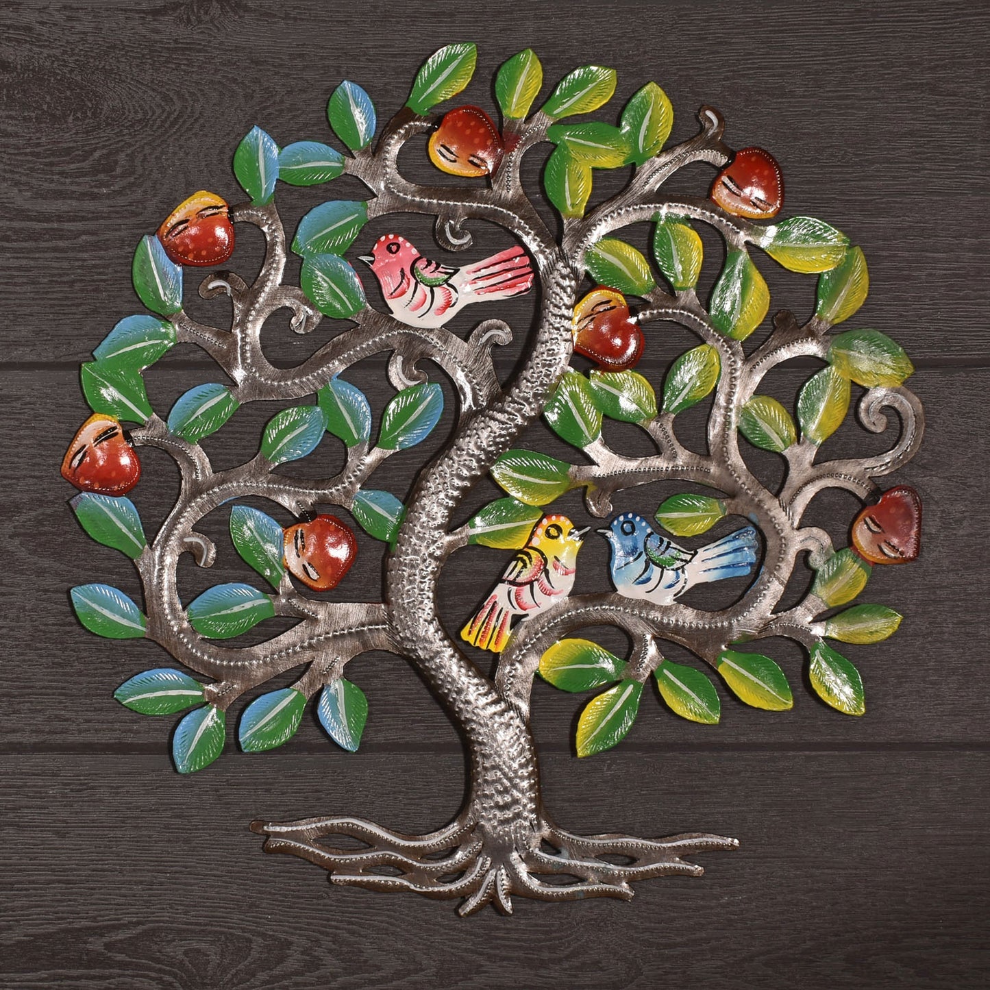 Tree of Life with Colorful Birds and Fruit 14" Steel Drum Wall Art, Fair Trade, Handmade in Haiti