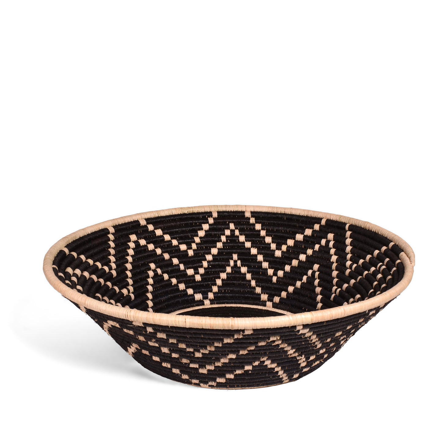 Rwenzori Starburst Pattern 16-inch Basket, Handwoven in Uganda, Black/Ivory