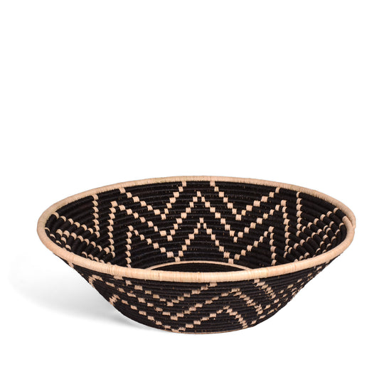 Rwenzori Starburst Pattern 16-inch Basket, Handwoven in Uganda, Black/Ivory