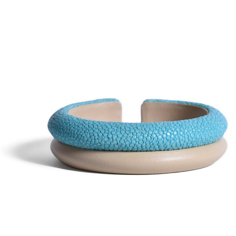 VIVO Shagreen and Leather Flexible Cuff Bracelet, Turquoise/Beige