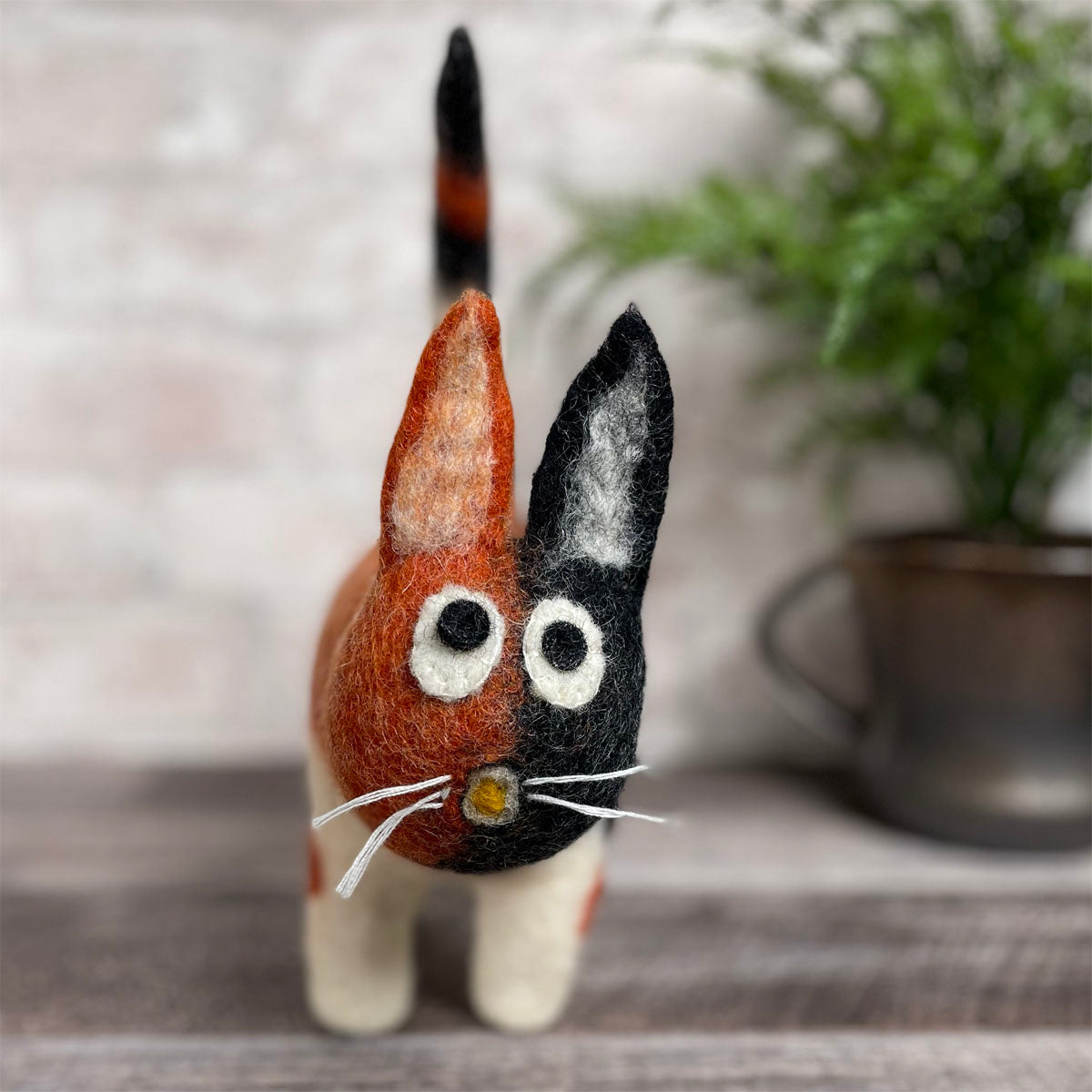 Fair Trade Organic Wool Felt Cat Figurine, Calico, Handmade in Nepal