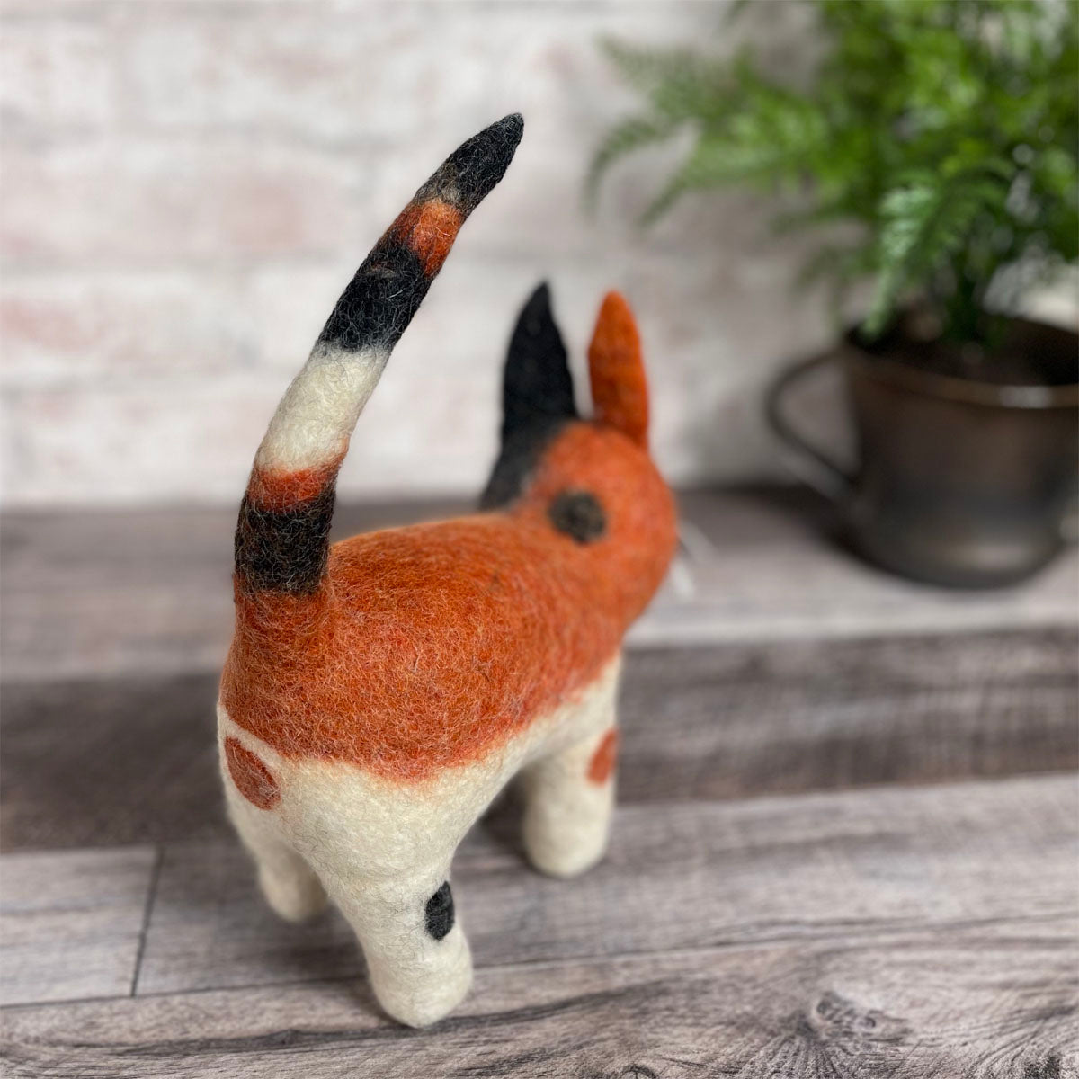 Fair Trade Organic Wool Felt Cat Figurine, Calico, Handmade in Nepal
