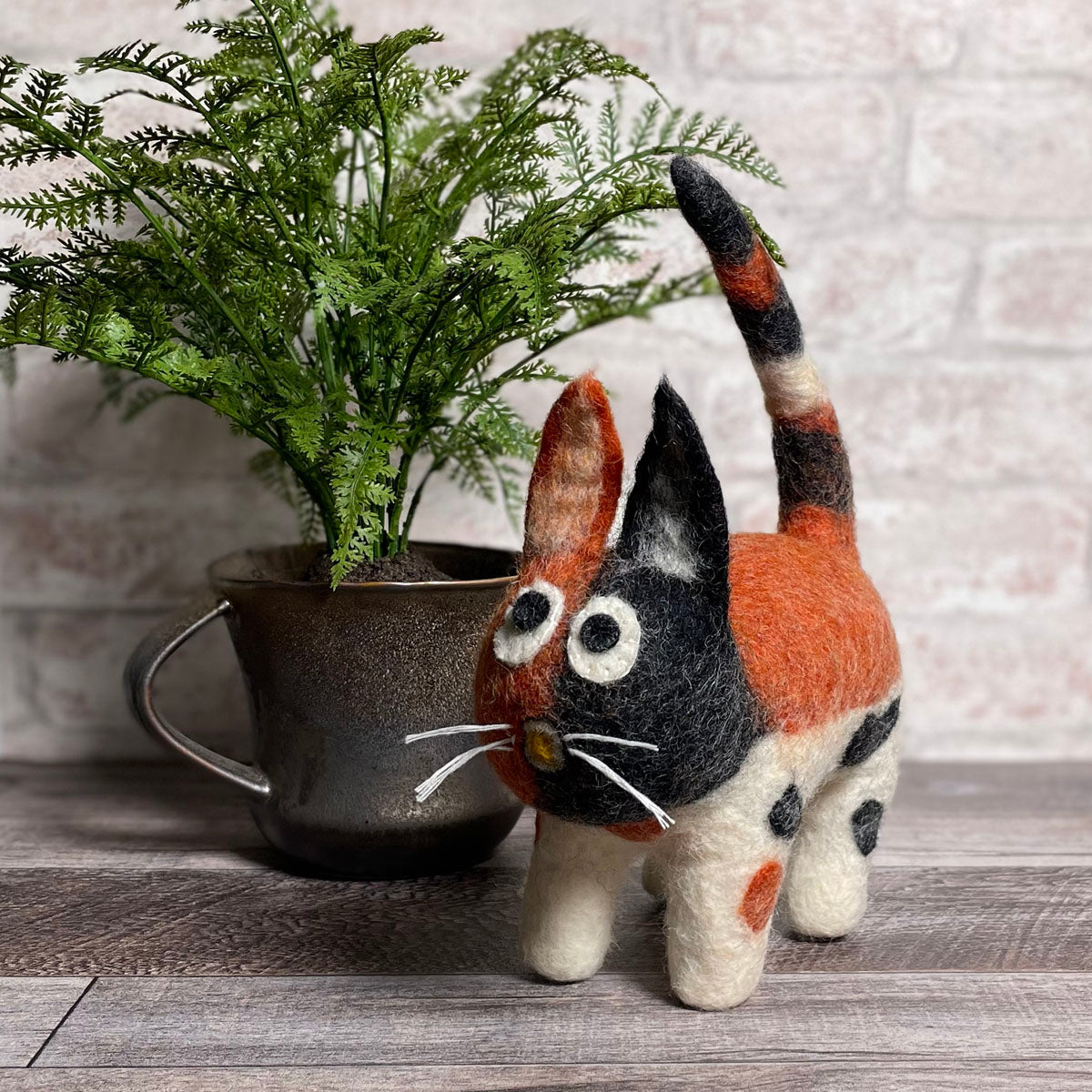 Fair Trade Organic Wool Felt Cat Figurine, Calico, Handmade in Nepal