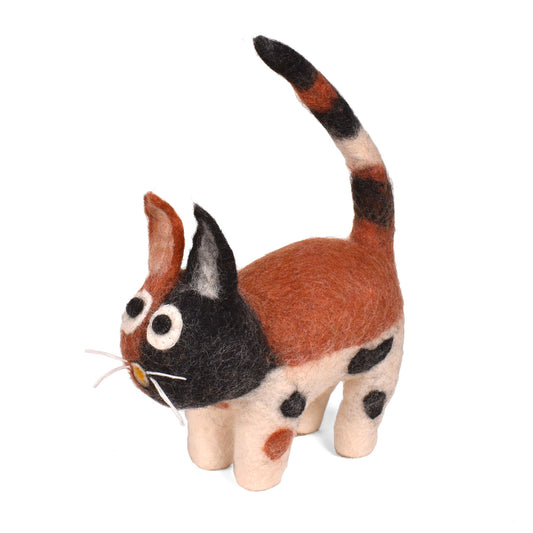Fair Trade Organic Wool Felt Cat Figurine, Calico, Handmade in Nepal