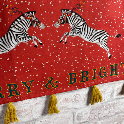 Merry & Bright Zebras Red Cotton Kitchen Towel with Tassels, Screen Printed by Hand