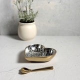 Heart-Shaped 5-1/4" Cast Metal Bowl with Matching Spoon, Gold Exterior with Silver Crocodile Embossed Interior