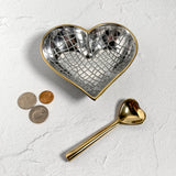 Heart-Shaped 5-1/4" Cast Metal Bowl with Matching Spoon, Gold Exterior with Silver Crocodile Embossed Interior