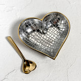 Heart-Shaped 5-1/4" Cast Metal Bowl with Matching Spoon, Gold Exterior with Silver Crocodile Embossed Interior